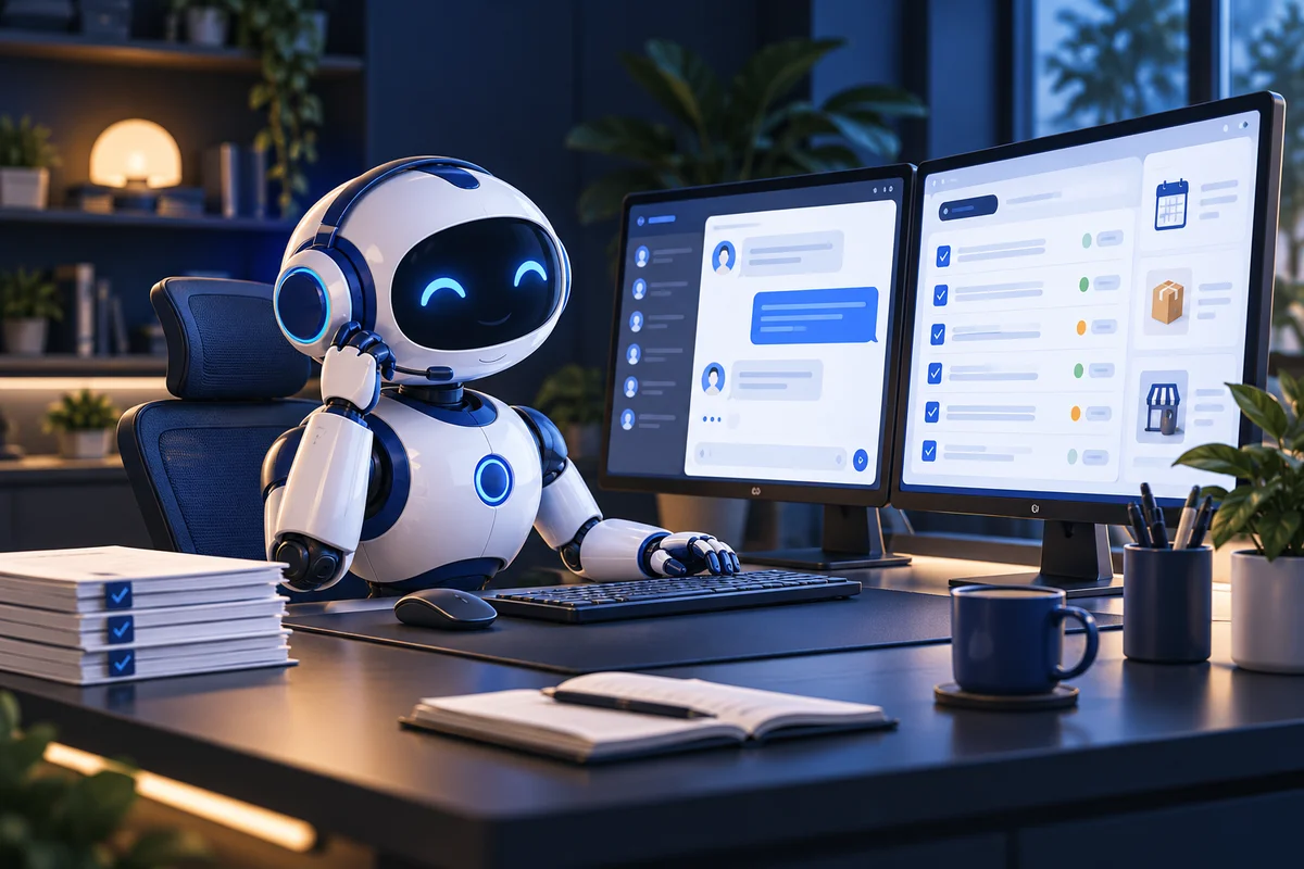 Ein KI-Roboterassistent bearbeitet Kundengespräche und Geschäftsaufgaben an einem Arbeitsplatz.
