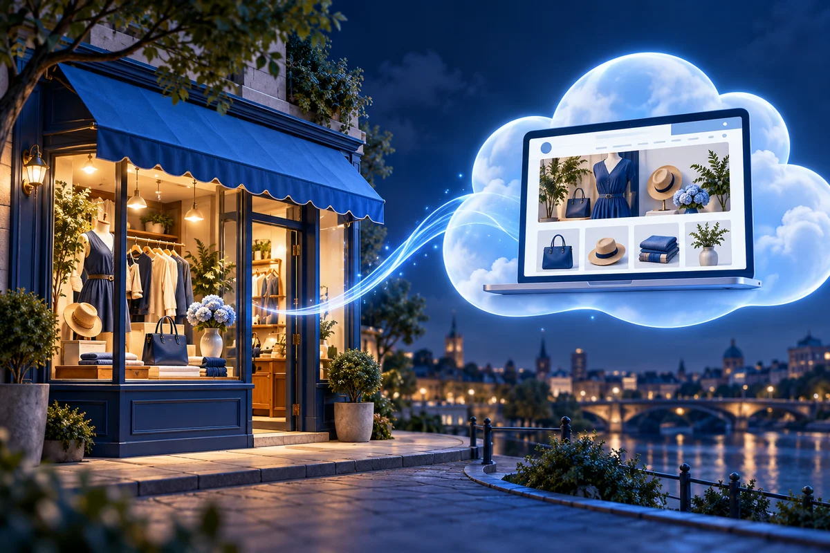 Eine lokale Boutique verbindet sich mit ihrem Online-Shop in der Cloud.