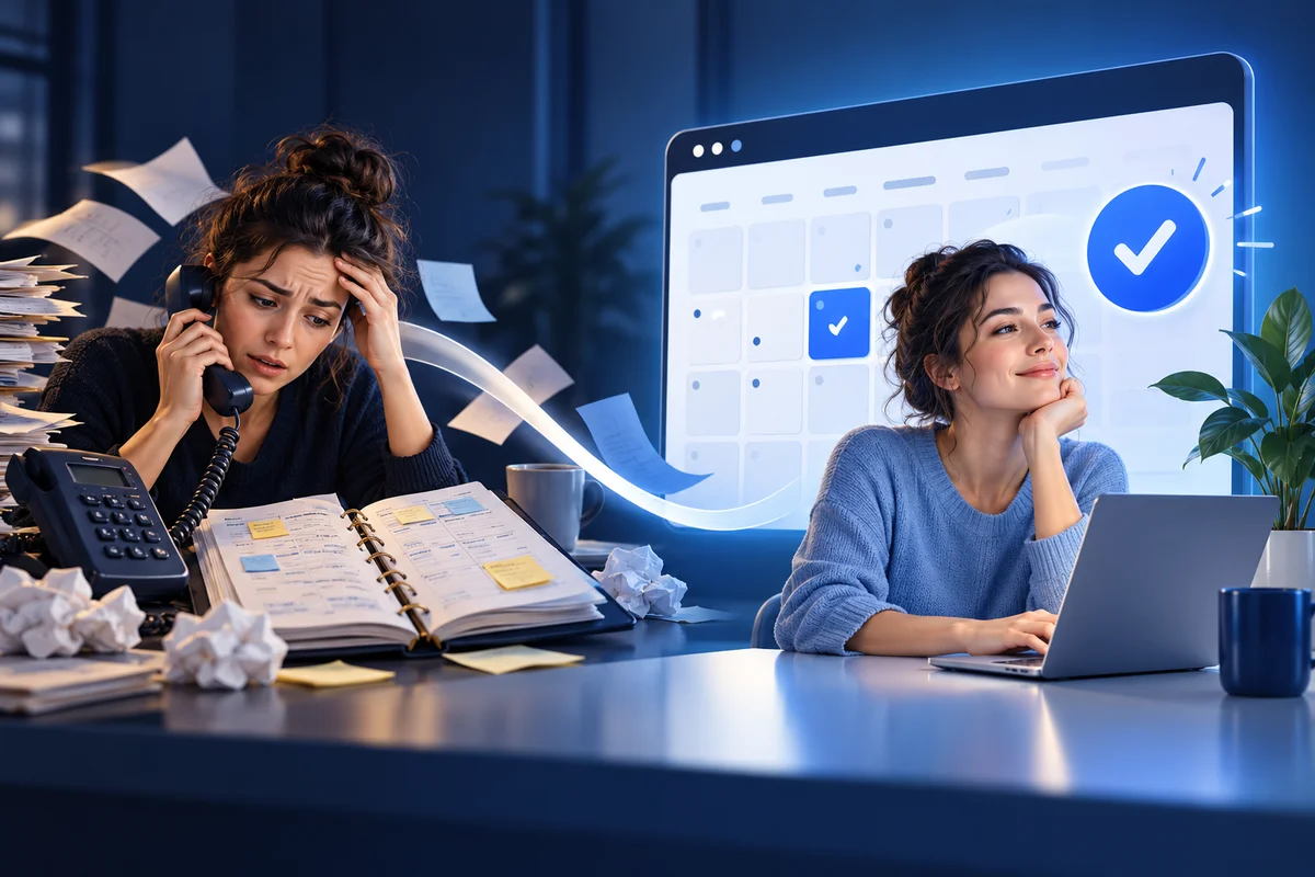 Telefonanrufe und Papierkalender weichen einem bestätigten Online-Termin.